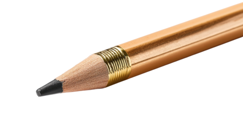 Close-up of a light beige colored pencil with a dark gray graphite lead.  A gold colored band is visible around the pencil's wood