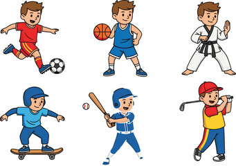 cartoon boy playing sports, kids athletic activities, soccer basketball karate, skateboarding baseball golf, active child characters, cad drawing flat vector illustration