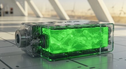 Futuristic technology device with green glowing liquid inside, on a white surface.