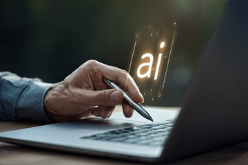 Close-up of hand hovering over laptop keyboard, with AI symbol displayed