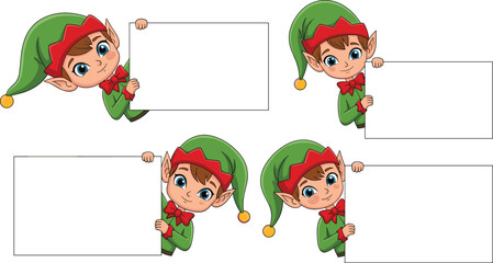 Cartoon Christmas elves holding blank signs, festive holiday characters, green outfits with hats, seasonal decoration illustration, cheerful winter design, vector art