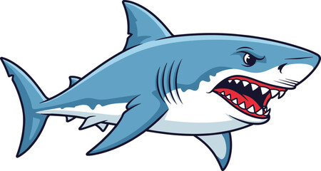 Obraz premium Cartoon shark with fierce expression, open mouth and sharp teeth, aggressive sea predator mascot, ocean wildlife illustration, dangerous marine animal vector art