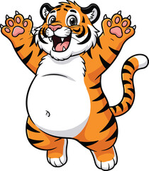 Cartoon tiger standing upright, happy expression, playful animal character, cute wildlife mascot, children’s illustration, jungle theme, fun educational design, vector art