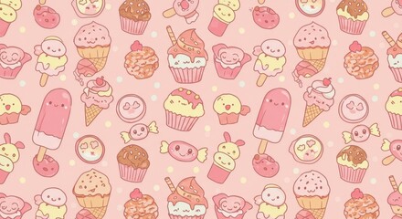 Cute Dessert Pattern: Cupcakes Ice Cream Candy Pink Background.