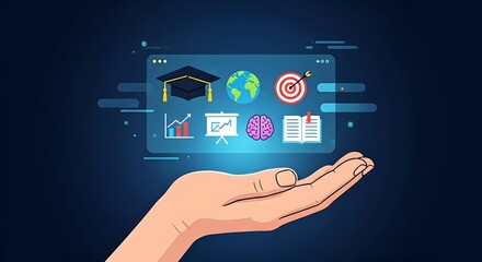 success. interface includes a graduation cap, Education Distance E-learning Online Learning Personal development concept, A human hand open and facing up, holding a with icons representing education