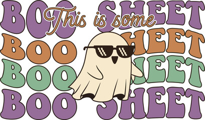 Cartoon ghost with sunglasses, funny Halloween pun text, colorful BOO SHEET design, playful spooky humor, vector illustration for seasonal holiday decoration