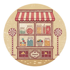 Vintage Candy Stall with Lollipops and Jars shop kiosk isolated on a transparent background