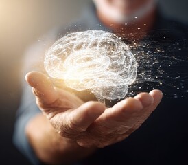 A senior man's hand holds a holographic brain