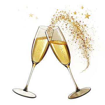 Two champagne glasses toasting with golden stars isolated on white isolated on transparent background