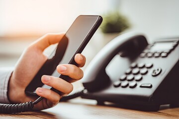 Close-up of a hand holding a smartphone near a landline phone