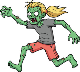 cartoon zombie running, halloween undead monster, spooky aggressive ghoul, scary horror creature, ponytail zombie girl, cad drawing flat vector illustration