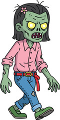 cartoon zombie walking, halloween undead monster, spooky creepy ghoul, scary horror creature, pink shirt zombie girl, cad drawing flat vector illustration