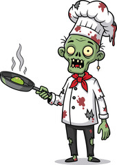 Cartoon zombie chef, creepy undead cook, white uniform, red neckerchief, frying pan, Halloween horror design, cad drawing flat vector illustration