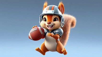 Adorable cartoon squirrel wearing a football helmet and shoulder pads, holding a ball while running on the field. Playful sports mascot concept