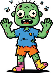 Cartoon green zombie with mismatched clothes and shoes, funny Halloween character design, humorous undead illustration, vector art for spooky, playful, and seasonal holiday themes