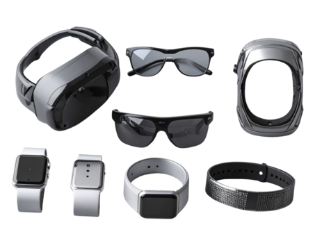 Wearable Health Monitoring Devices Layout with Smart Glasses and Wristbands, transparent PNG