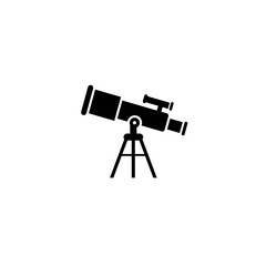 Black and white telescope silhouette for educational designs, astronomy concepts, scientific presentations, stargazing themes, or celestial illustrations.