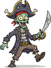 Cartoon zombie pirate, creepy undead buccaneer, black tricorn hat, red bandana, curved sword, Halloween horror design, cad drawing flat vector illustration