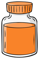 Cartoon illustration of a simple glass jar filled with vibrant orange liquid and a matching cap