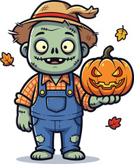 Cartoon zombie scarecrow, creepy undead farmer, straw hat, jack‑o’‑lantern pumpkin, autumn leaves, Halloween horror character, cad drawing flat vector illustration