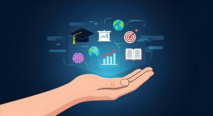 Education Distance E-learning Online Learning Personal development concept, A human hand open and facing up, holding a with icons education, growth, success. interface includes a graduation cap, 
