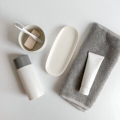 Obraz premium Minimalist Bathroom Essentials Hygiene Products Self Care Flat Lay White