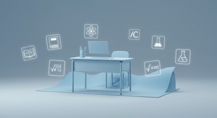 Light-blue school desk with floating science icons, digital learning concept.