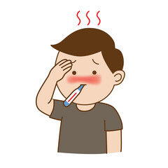 Man was sick has cold check by thermometer, illustration cartoon on white background