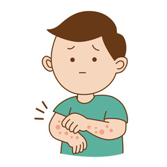 Allergy urticaria hives rash itchy red on arm, illustration cartoon on white background