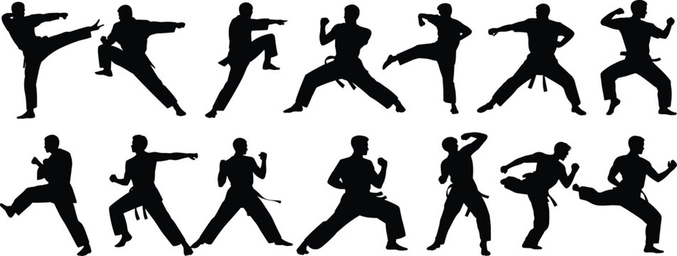Martial arts silhouette vector set, karate poses, taekwondo kicks, kung fu stances, self defense moves, cad drawing flat vector illustration