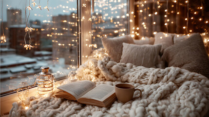 Cozy winter reading nook with a knitted blanket and string lights, creating a warm ambient lighting for a hygge lifestyle.