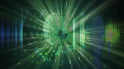 Multiple screens with data processing against green light trail spinning and people dancing