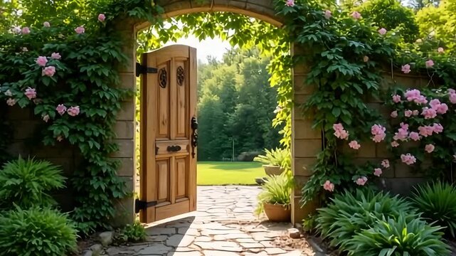 Open wooden gate revealing a lush garden bathed in soft sunlight
