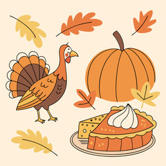 Turkey & Pumpkins Pie vector illustration