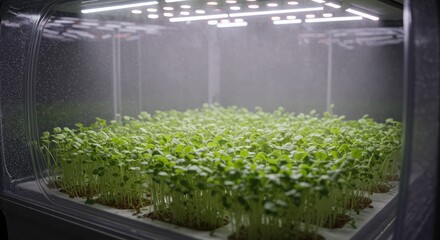 Lush green microgreens sprouting in a controlled indoor vertical farm with artificial lighting and mist.
