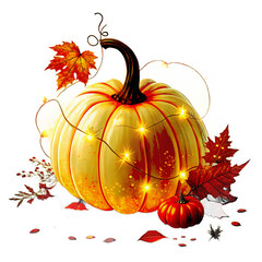 Festive autumn pumpkin with string lights isolated on transparent background