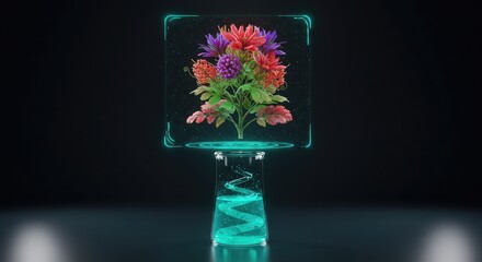 Encased vibrant flower bouquet in a glowing glass cube.