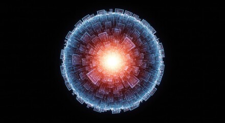 Futuristic sci-fi energy source with a glowing orange core and an intricate blue technological shell on a black background.