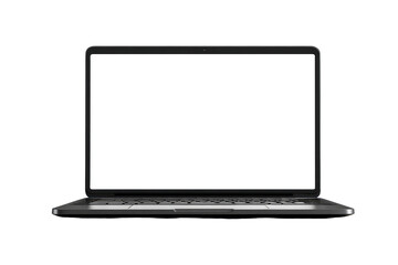 Front view of a modern laptop with a blank white screen.  Gray metal body