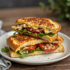Golden grilled cheese sandwich with melted cheese, fresh tomatoes and greens cut in half and stacked on white plate.