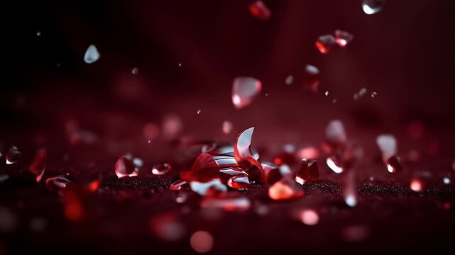 A red glass heart breaking into sharp fragments on a dark background, symbolizing heartbreak, emotional pain, and fragile love.	
