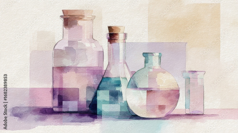 Poster colorful glass laboratory bottles and flasks arranged on a table with a soft watercolor background d