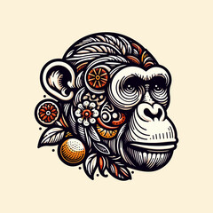 Detailed artistic illustration of a monkey face with floral design.