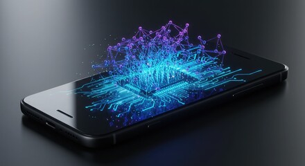 Smartphone displaying a digital network with glowing lines and dots, representing artificial intelligence.