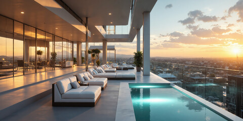 A minimalist rooftop lounge with floating seating, large glass railings, and Sunset Gold lighting, evoking warmth, relaxation, and an unforgettable