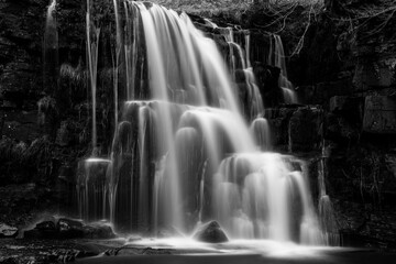 Black and white long exposure of a cascading waterfall