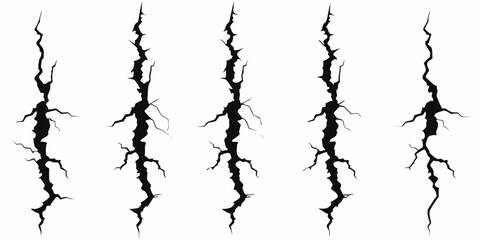Collection of five black jagged vertical cracks on a white background
