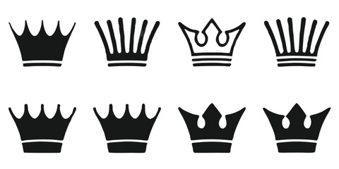 Collection of eight stylized black crowns with a hand drawn aesthetic on a black background