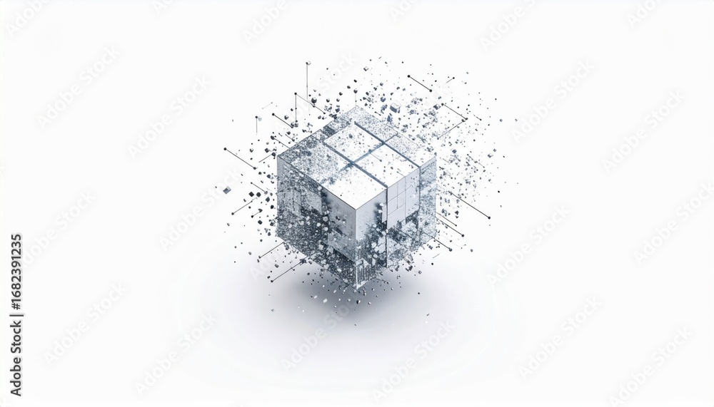 Poster a digital cube composed of abstract particles, illustrating technology and modern design with a futu