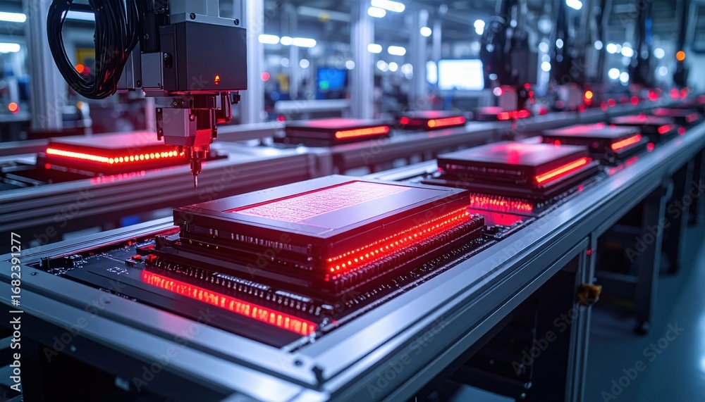 Poster a high-tech manufacturing line featuring robotic arms and illuminated components, showcasing advance